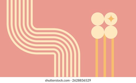 Creative abstract minimalist artwork featuring flowing curved lines and bold circular motifs over a soft pink background for a vibrant and lively artistic style.