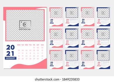Creative abstract modern calendar 2021 with pink and blue combination background concept template.