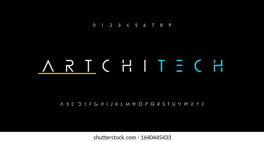 Creative abstract modern digital technology fonts and number set. Minimalist electronic, thin and slim typography font style. Vector illustration