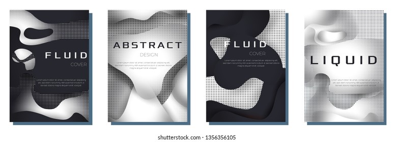 Creative abstract modern fluid poster set. Trendy liquid shapes with geometric dotted pattern. Vector dynamic elements background. 