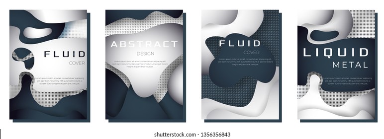 Creative abstract modern fluid poster set. Trendy liquid shapes with geometric dotted pattern. Vector dynamic elements background. 