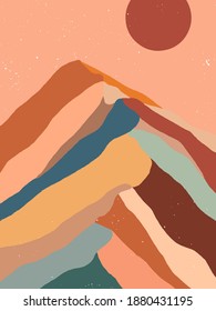 Creative abstract mountain landscape.Mountain range background.Mid century modern vector illustration with hand drawn mountains with sun or moon.Trendy contemporary design.Wall art decor.