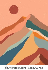 Creative abstract mountain landscape.Mountain range background.Mid century modern vector illustration with hand drawn mountains with sun or moon.Trendy contemporary design.Wall art decor.
