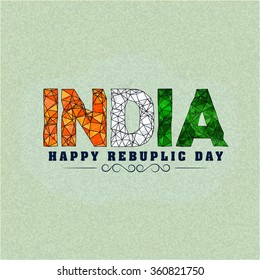 Creative abstract National Tricolours text India on grungy background for Happy Republic Day celebration.