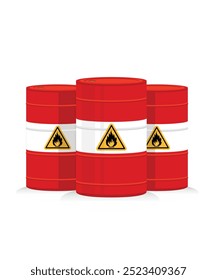 Creative abstract oil and gas industry manufacturing and trading business concept. 3D render illustration of the group of red metal oil drums or petroleum barrels isolated on white background