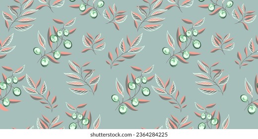 Creative, abstract olive branch, olive berries, leaves seamless pattern. Vector hand drawn sketch. Template for design, textile, fashion, print, surface design, paper, cover, fabric, interior decor