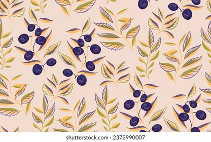 Creative abstract olive branch, olive berries, leaves seamless pattern. Vector hand drawn colorful leaf stems print. Template for textile, fashion, surface design, fabric, wallpaper