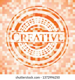 Creative abstract orange mosaic emblem with background