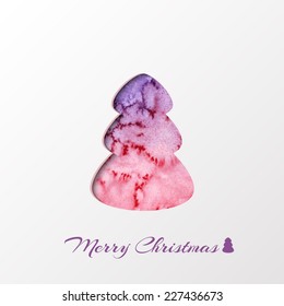Creative abstract paper 3d Christmas card with tree on red, pink and violet watercolor background.