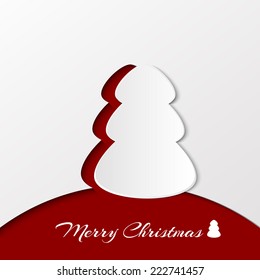 Creative abstract paper white 3d Christmas tree on red background.