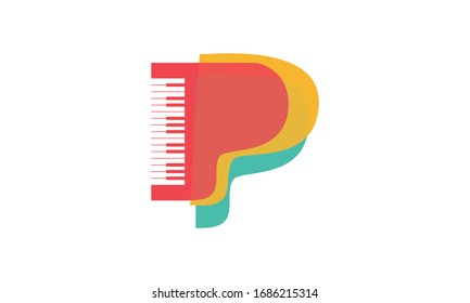 Logo de piano creativo y abstracto aislado con tres formas de piano en capas en naranja, amarillo y verde y un corte de las llaves. Vector es ideal para el logotipo y la marca para instrumentos o clases de música.