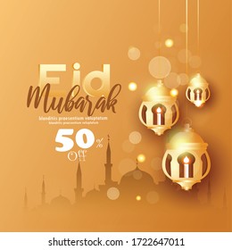 Creative abstract poster for Eid Mubarak islamic background with  lantern and crescent elements 