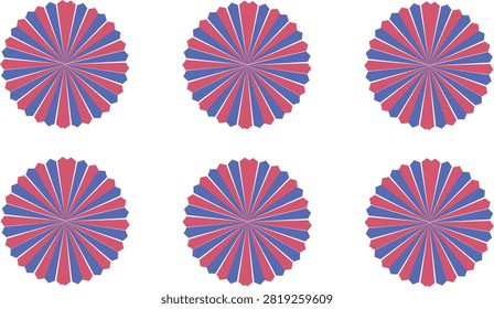 Creative abstract radial geometric pattern collection featuring red and blue sunburst circles arranged in a clean repeating layout. These symmetrical decorative vector designs are ideal for patriotic themes, Independence Day celebrations, holiday decorations, seamless backgrounds, wallpapers, textile prints, gift wrapping, packaging, branding, posters, social media graphics, web design, and modern graphic design projects. High-quality scalable vector artwork with a bold, eye-catching geometric style for both print and digital applications.



#Pattern #Geometric #Sunburst #Radial #Abstract #Seamless #Patriotic #USA #IndependenceDay #Vector #Background #Wallpaper #Textile #Decorative #Mandala #Symmetry #GraphicDesign #Illustration #Modern #Creative
