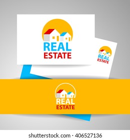 Creative abstract real estate icon logo and business card template. Vector design.