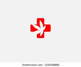 Creative abstract red logo icon cross pharmacy and cannabis plant sign for your company