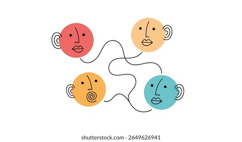 Creative abstract representation of interconnected thoughts and ideas with stylized human faces illustrating communication flow
