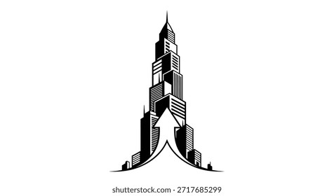 A creative and abstract representation of a skyscraper, ingeniously shaped with an arrow, conveys the concepts of growth, development, and forward progression. The design symbolizes ambition,