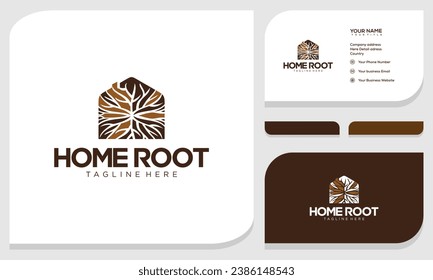 Creative abstract roots of life with house combination on logo and business card design template