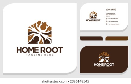 Raíces abstractas creativas de la vida con la combinación de la casa en el logotipo y la plantilla de diseño de tarjetas de visita