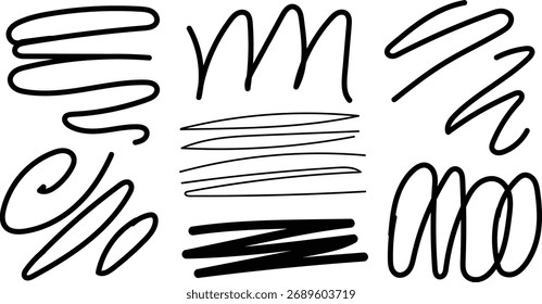 Creative abstract scribble lines and shapes collection on clean white background