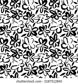 Creative abstract seamless pattern with black chamomiles on white background. Natural floral design cutes chamomile. Vector graphic illustration.  Brush texture. 