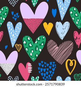 Creative abstract seamless pattern with colourful hearts. Modern heart shape texture great for fabric, textile, apparel, wallpaper. Vector illustration