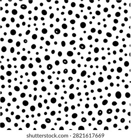 A creative abstract seamless pattern featuring hand drawn black ink polka dots arranged in a random minimal style, perfect for textile design or artistic wallpaper.