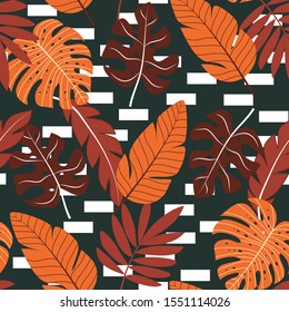 Creative abstract seamless pattern with tropical plants. Hand draw texture. Vector template. Floral tropical pattern background with exotic leaves, jungle leaf. Jungle leaves.