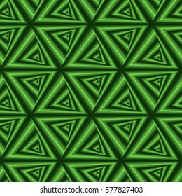 Creative abstract seamless vector pattern with concentric triangle shapes forming the whirling sequences in many green hues