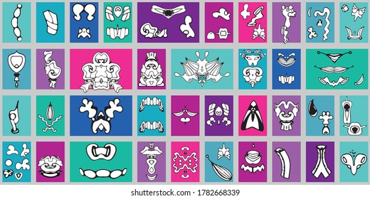 Creative and Abstract Set Icons Doodle Style, hand drawn black and white realized with inkpen 
