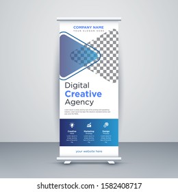 Creative Abstract Shapes Modern Exhibition Advertising Trend Business Roll Up Banner Stand Poster Brochure flat design template creative concept. Presentation. Cover Publication. Stock vector.