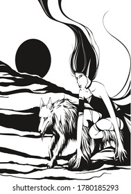 Silueta creativa abstracta de la niña. Lobo y la luna. Ilustración vectorial en capas fácil de editar. 