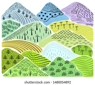 creative abstract simplified childish drawing. Mountains, fields and plants.
Vector illustration Trendy graphic design patterns for fabric, paper wallpaper, postcards. Freehand sketch.