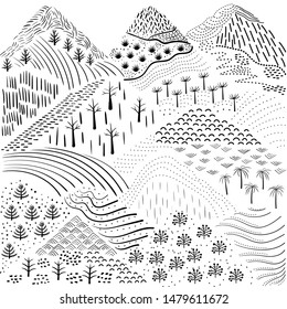 Creative abstract simplified drawing in childish manner. Mountain landscape badges trees, bushes, plants, terraces, fields. Trendy graphic design for patterns, wallpapers, cards,Coloring for printing