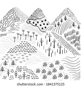 Creative abstract simplified drawing in a childish manner. Freehand sketch. Mountain landscape from badges trees, bushes, plants, terraces, fields,
Trendy graphic design for patterns, wallpapers, card