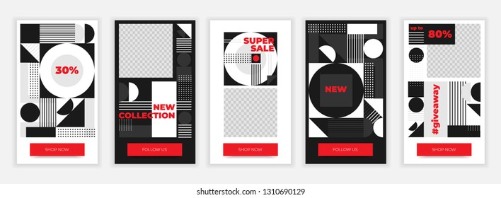 Creative abstract social media stories design template in geometric avant-garde style. Retro banner elegant set. Web templates for online networks for shop, blog and personal use. App screens  