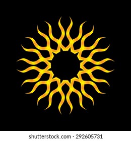 Creative abstract star / flower / sun shape logo design vector template. Ribbon style. yellow on the black background.