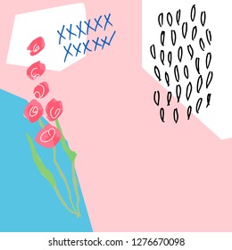 Creative abstract universal art poster in floral style. Hand drawn textures, leaves, flowers and marks. Anniversary, birthday, Valentin's day, party invitations templates with place for your text.

