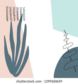 
Creative abstract universal floral art poster in tropical style. Hand drawn textures, leaves and marks. Templates with place for your text.