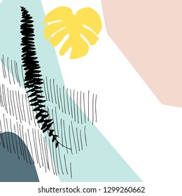 
Creative abstract universal floral art poster in tropical style. Hand drawn textures, leaves and marks. Templates with place for your text.