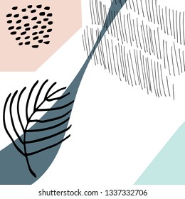 
Creative abstract universal floral art poster in tropical style. Hand drawn textures, leaves and marks. Wedding, anniversary, birthday,  party invitations templates with place for your text.