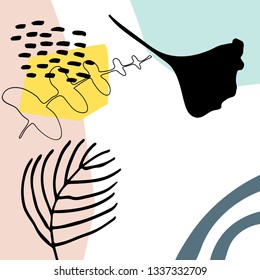 
Creative abstract universal floral art poster in tropical style. Hand drawn textures, leaves and marks. Wedding, anniversary, birthday,  party invitations templates with place for your text.