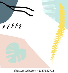 
Creative abstract universal floral art poster in tropical style. Hand drawn textures, leaves and marks. Wedding, anniversary, birthday,  party invitations templates with place for your text.