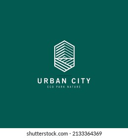 Creative Abstract Urban City Logo Design In Style Linear, Business Real Estate Logo, Building With Garden Logo Design, Eco City, Vector Illustration Template