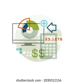 Creative Abstract Vector Art Accounting Illustration Graphics. Geometric Concept Isolate Money Profile Taxes Check Chart Pie Money Symbol Calculator Direct Deposit Pay IRS Return Electronic Line Art