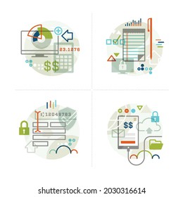 Creative abstract vector art accounting illustration graphics. Geometric concept isolate money profile taxes check form symbol bank direct deposit pen IRS globe mobile return calculator lock line art