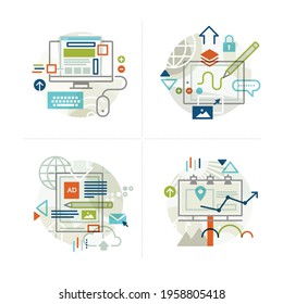 Creative abstract vector art advertising marketing illustration of application design. Geometric shapes compiled modern concept. Template computing cloud transfer files email PDF ad graphic line art