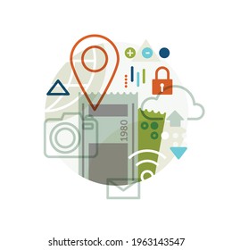 Dibujo creativo de arte vectorial abstracto en la publicidad de gráficos de viajes. Las formas geométricas compilaron el concepto moderno. Ubicación de la plantilla vales de la imagen destino turístico de la cámara línea de correo electrónico PDF