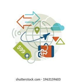 Creative abstract vector art advertising illustration of travel graphics. Geometric shapes compiled modern concept. Location pin plane airfare tickets luggage bag tag dollar sign destination line art