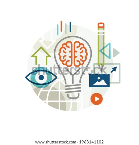 Creative abstract vector art advertising marketing illustration of application design. Geometric shapes compiled modern concept. Template brainstorm creative think bright light PDF ad graphic line art